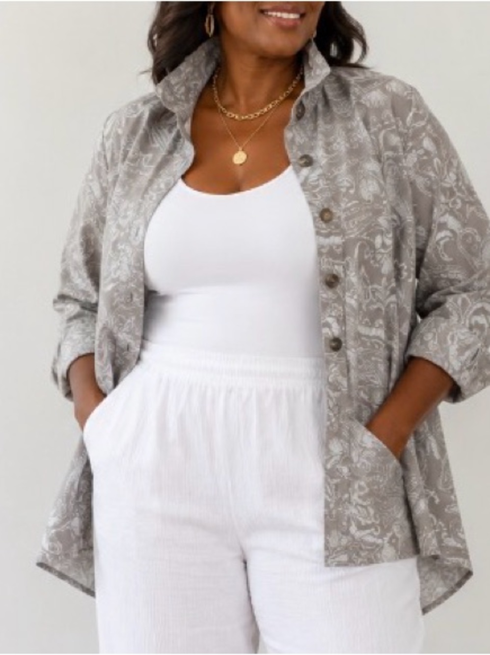 SOFT SURROUNDINGS Grey and White Tropical Floral Patterned Jacket Size L